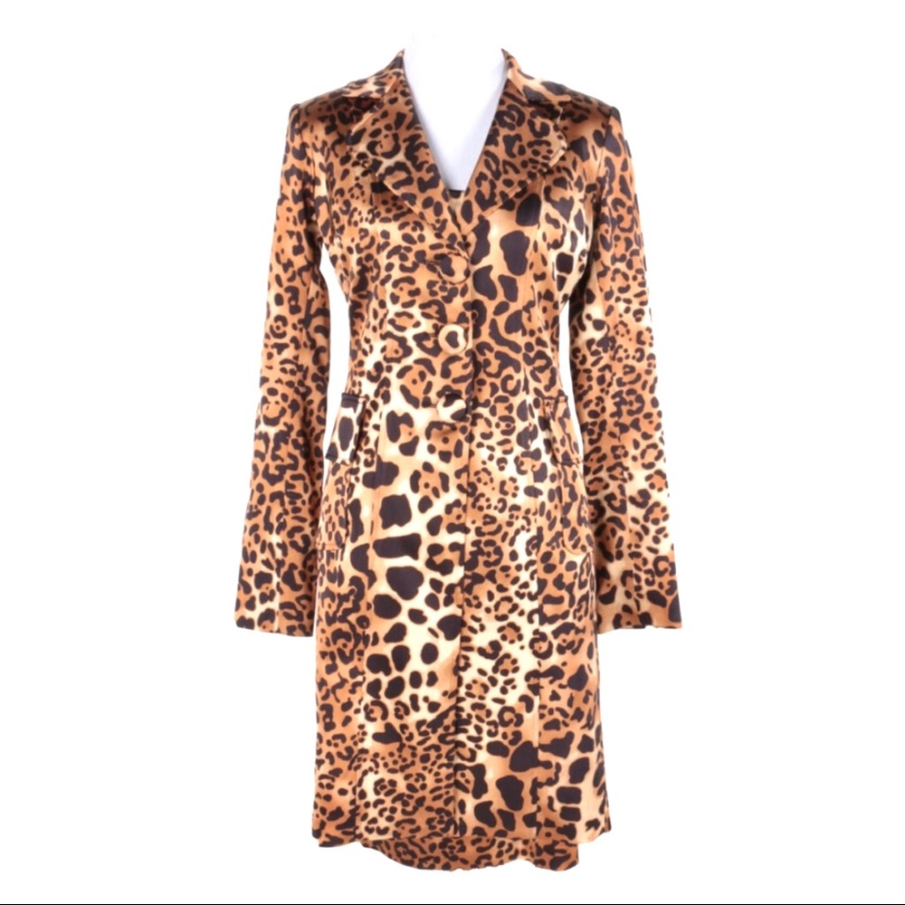 Cache Silky Leopard Print Fitted Midi Trench Coats - image 2
